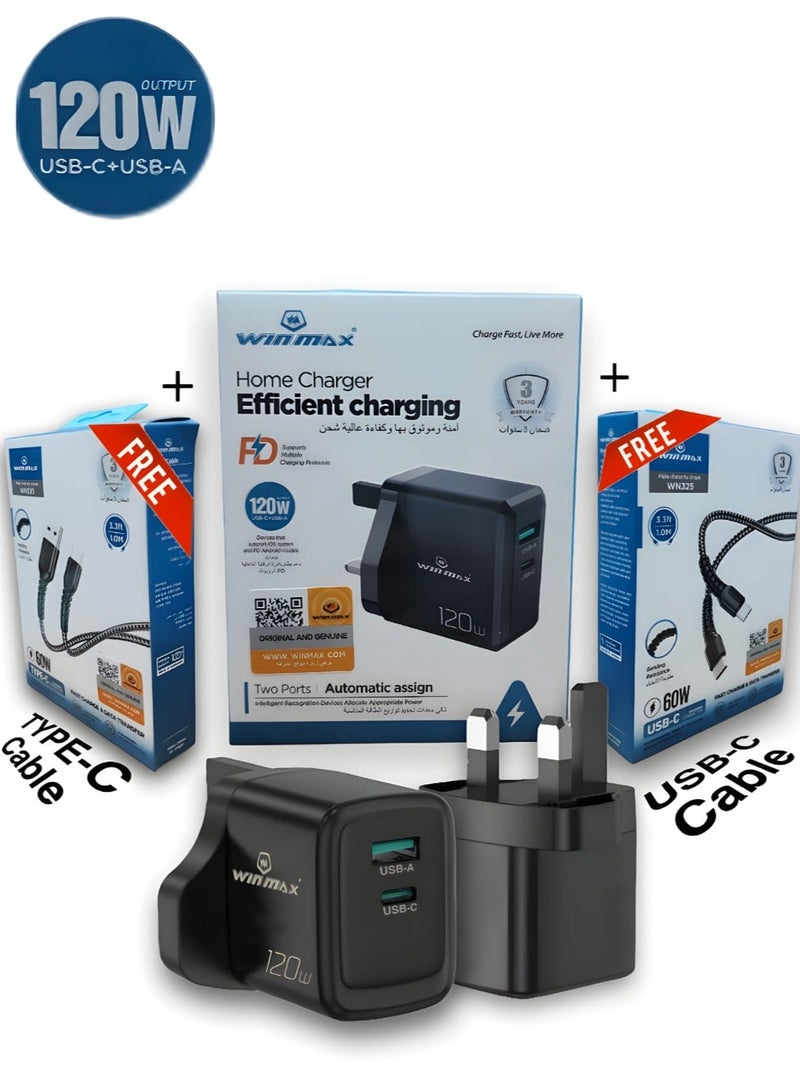Winmax 120W Fast Charger Dual Port USB-A & USB-C Includes 2 Free 60W High-Speed Charging CablesType-C & USB-C - Image 1